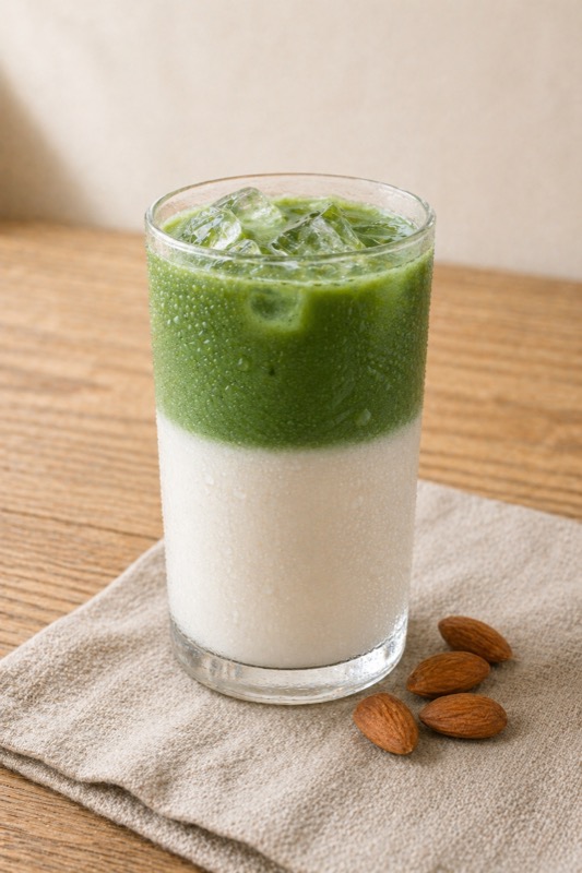 Iced almond milk matcha latte